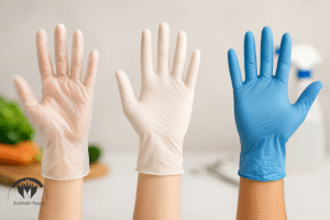دستکش یکبارمصرف مناسب برای آشپزخانه، درمان و نظافت؛ پلی‌اتیلن، وینیل و نیتریل کنار هم