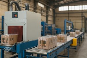 دستگاه تونل شیرینگ و نوار نقاله در حال بسته بندی کارتن‌های نوشیدنی