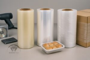 مقایسه سه نوع فیلم شیرینگ برای بستهبندی: پیویسی، پلیالفین و پلیاتیلن کنار هم با نمونههای کاربردی