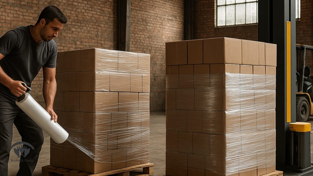 مقایسه استرچ دستی یا ماشینی روی پالت در انبار صنعتی ایران گونه