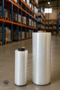 رول های آماده پس از تولید فیلم استرچ در انبار با لیبل مشخصات