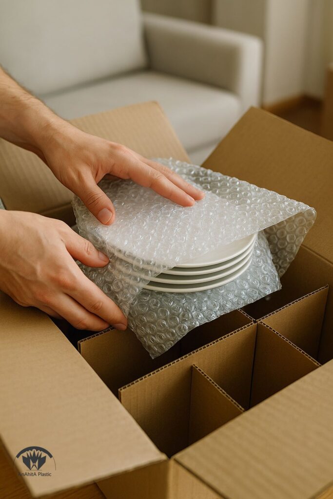 بسته بندی ظروف شکستنی با نایلون حبابدار ریز و چیدمان در کارتن