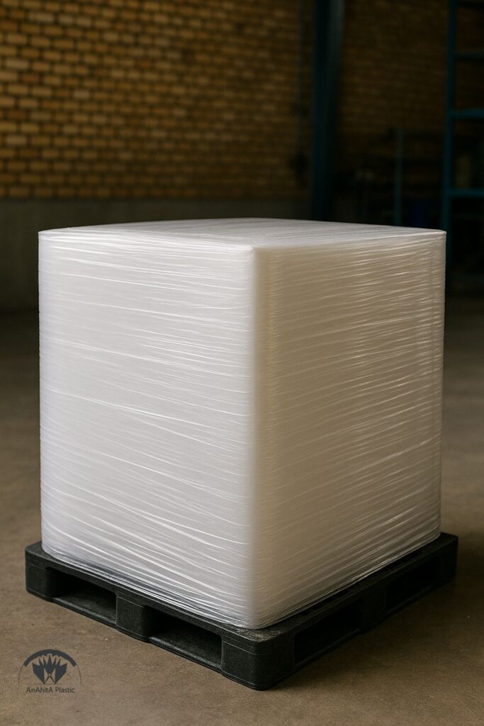 تاپ‌شیت نایلون عریض روی پالت در انبار نمایش پوشش سطحی و فیکس نهایی