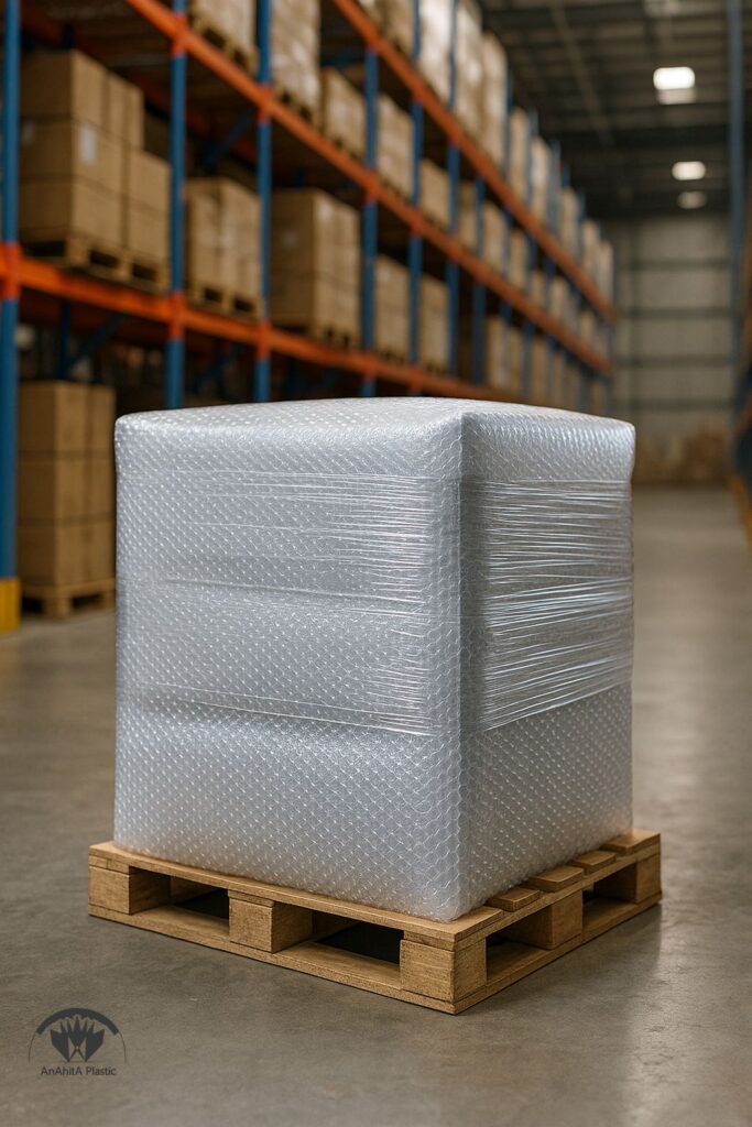 ترکیب نایلون حبابدار زیر و فیلم استرچ روی پالت برای محافظت بهتر در انبار ایران گونه