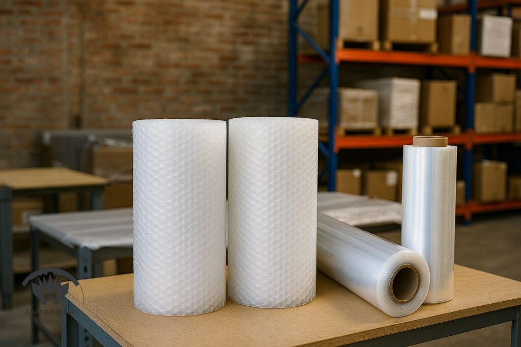 ترکیب پلاستیک حبابدار با فیلم استرچ برای محافظت از گوشه های مبلمان روی پالت