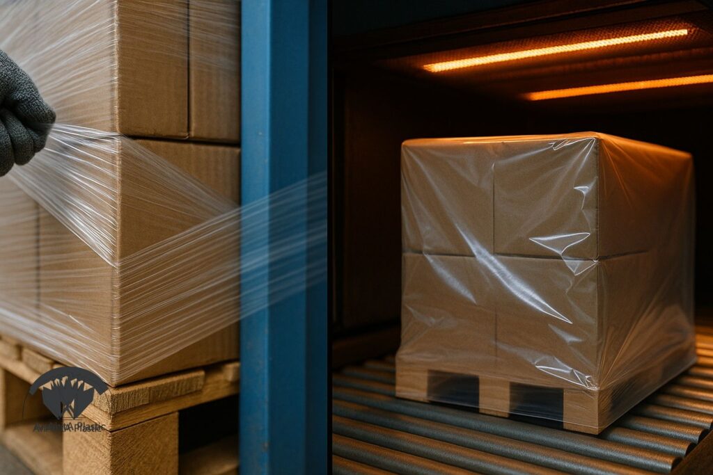 تونل شیرینگ فعال با کانوایر و پک بطری های نوشیدنی در حال خروج