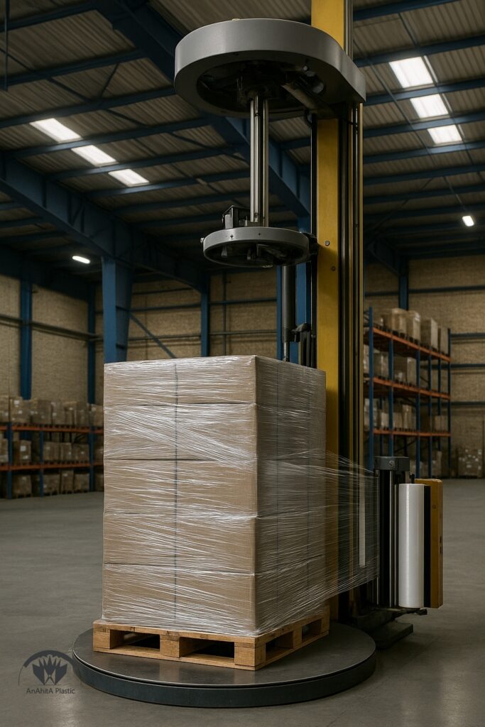 دستگاه استرچر ماشینی در حال پیچیدن پالت - Final