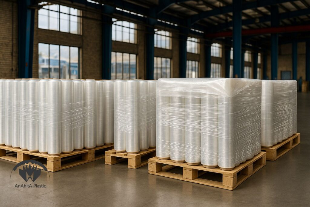 رول های فیلم استرچ روی پالت در انبار صنعتی ایران گونه