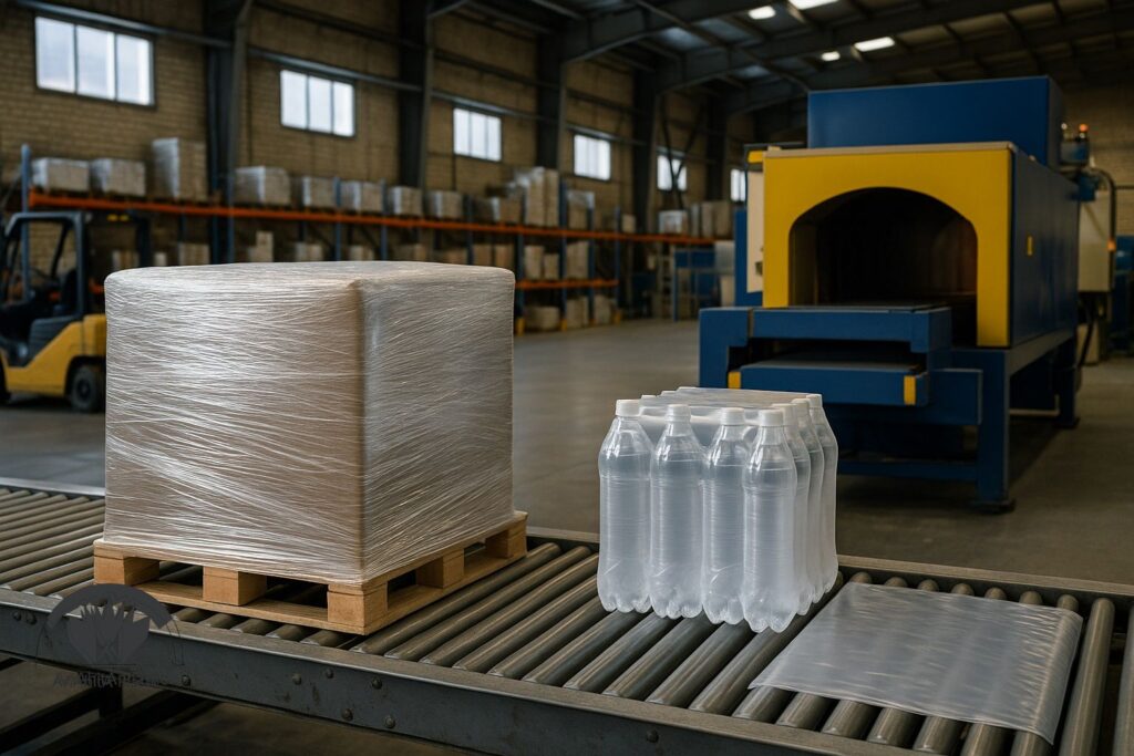 روی خط بسته بندی_ پالت استرچ شده کنار پک شیرینگ