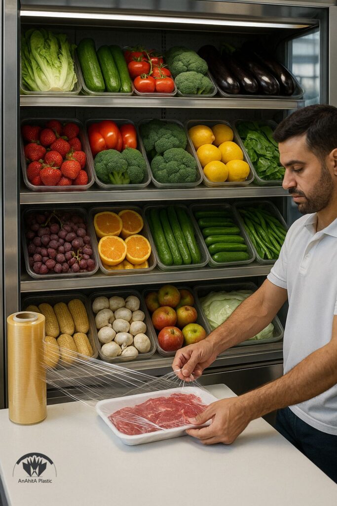 فیلم استرچ غذایی روی میوه و سبزی شسته شده در بخش تازه فروشی هایپرمارکت ایران گون