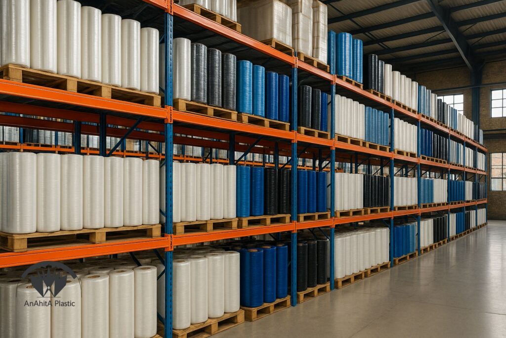 قفسه بندی رول های فیلم استرچ شفاف و رنگی در انبار بزرگ ایران گونه