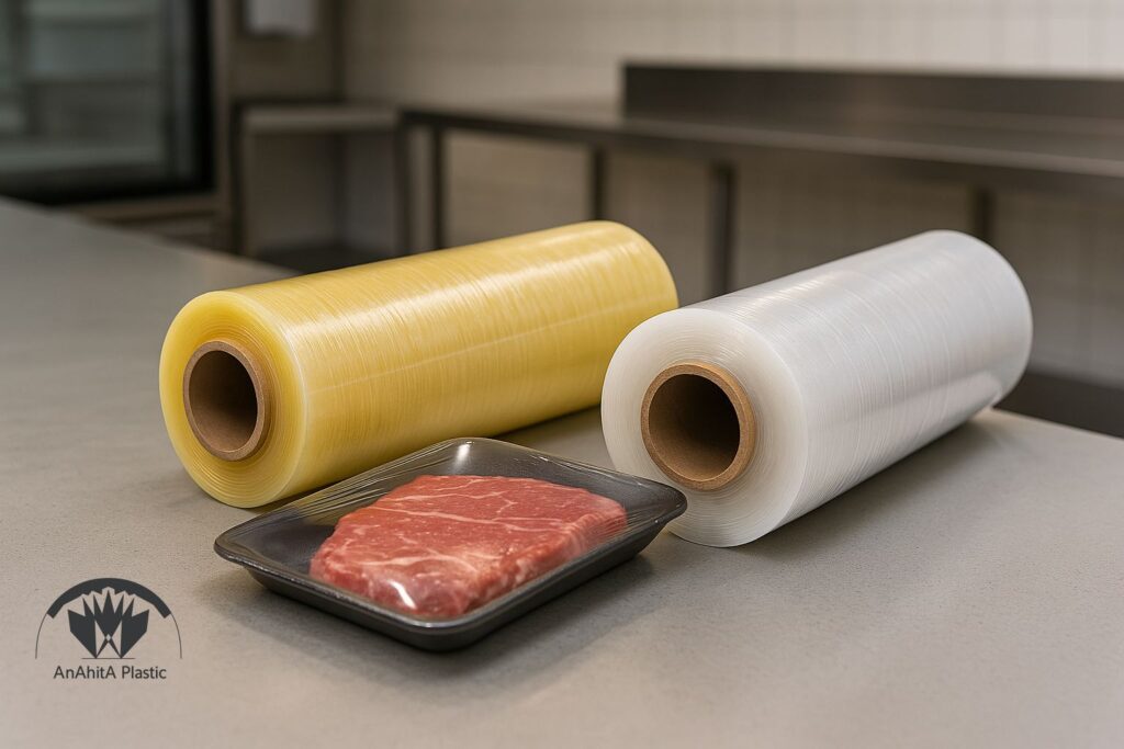 مقایسه رول استرچ غذایی ضد بخار با استرچ صنعتی روی میز کار تمیز ایران گونه