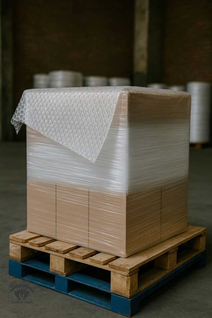 نایلون حبابدار چیست ترکیب نایلون حبابدار با فیلم استرچ و تاپ‌شیت نایلون عریض روی پالت