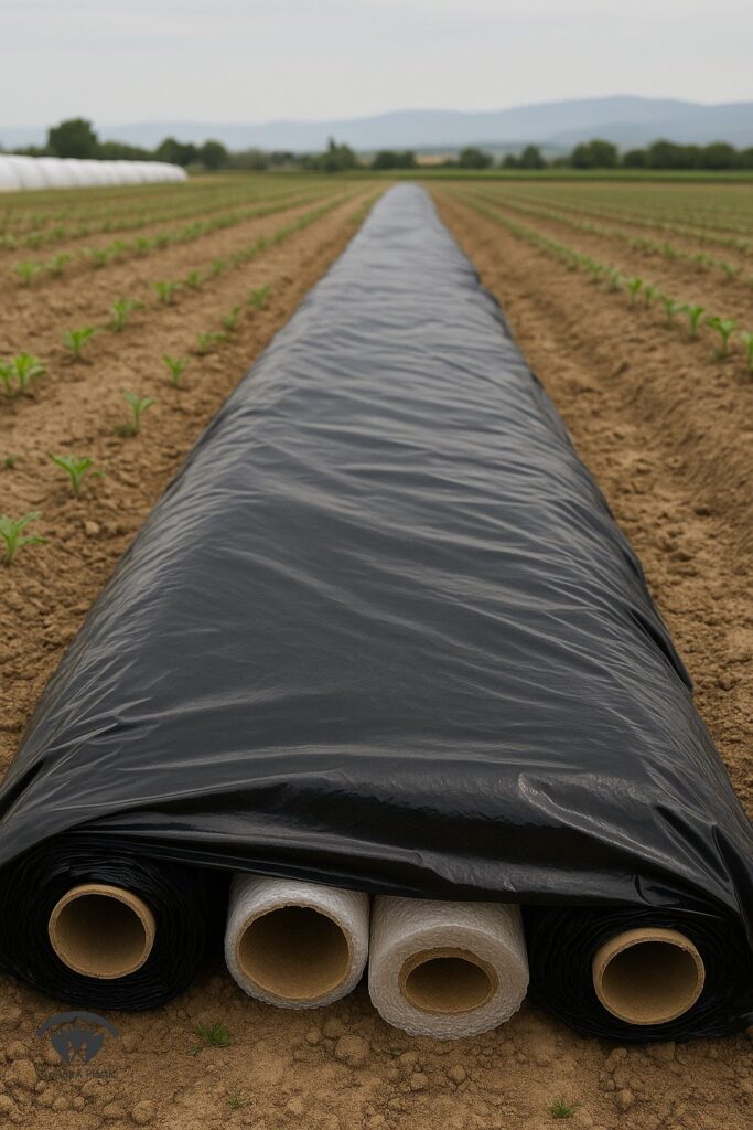نایلون عریض کشاورزی مشکی پهن‌شده روی مزرعه تأکید بر دوام در فضای باز و نقش افزودنی UV