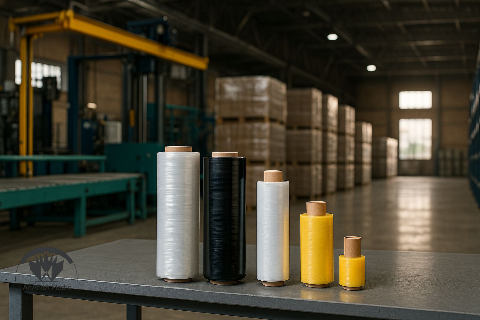 نمای صنعتی از خط بسته بندی ایران گونه با چند رول انواع فیلم استرچ (دستی، ماشینی، رنگی، پری استرچ، مینی رول) روی میز نمونه و پالت های پشت‌س