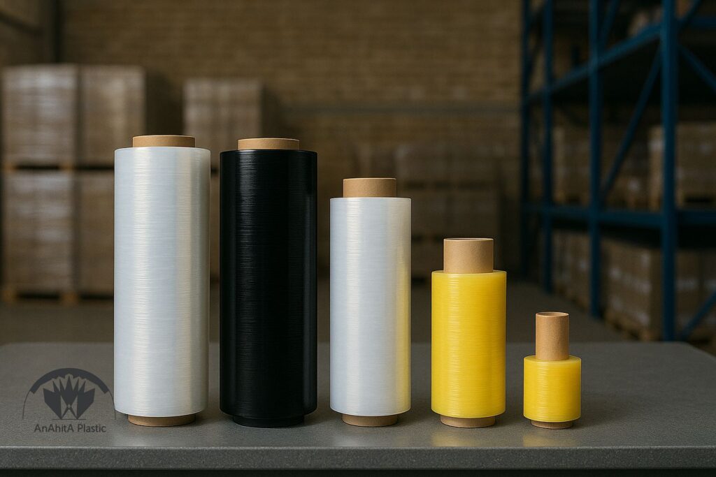 نمای کلی از انواع فیلم استرچ کنار هم روی میز صنعتی در انبار ایران گونه، دستی و ماشینی و رنگی و پری استرچ و مینی رول، نور طبیعی