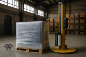 پیچیدن دور پالت با دستگاه استرچر در انبار ایران گونه