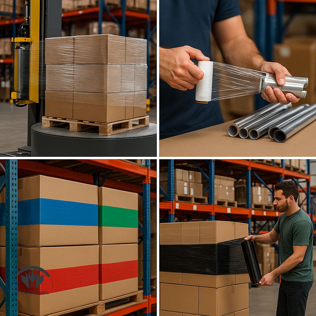 کاربرد ها در یک کلاژ واقع‌گرا پالت بندی با دستگاه استرچر، باندل با مینی رول، کدگذاری رنگی روی کارتن ها در انبار ایران گونه