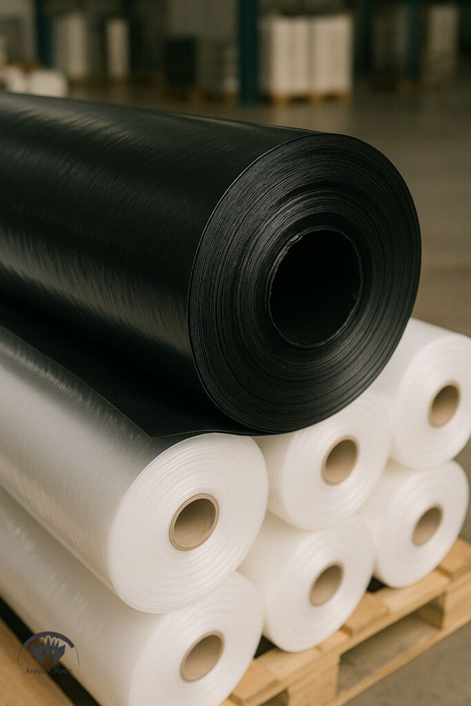 کلوزآپ برش عرضی فیلم پهن لایه یکنواخت، ضخامت مشخص، بافت سطحی و رول‌های آماده ارسال روی پالت