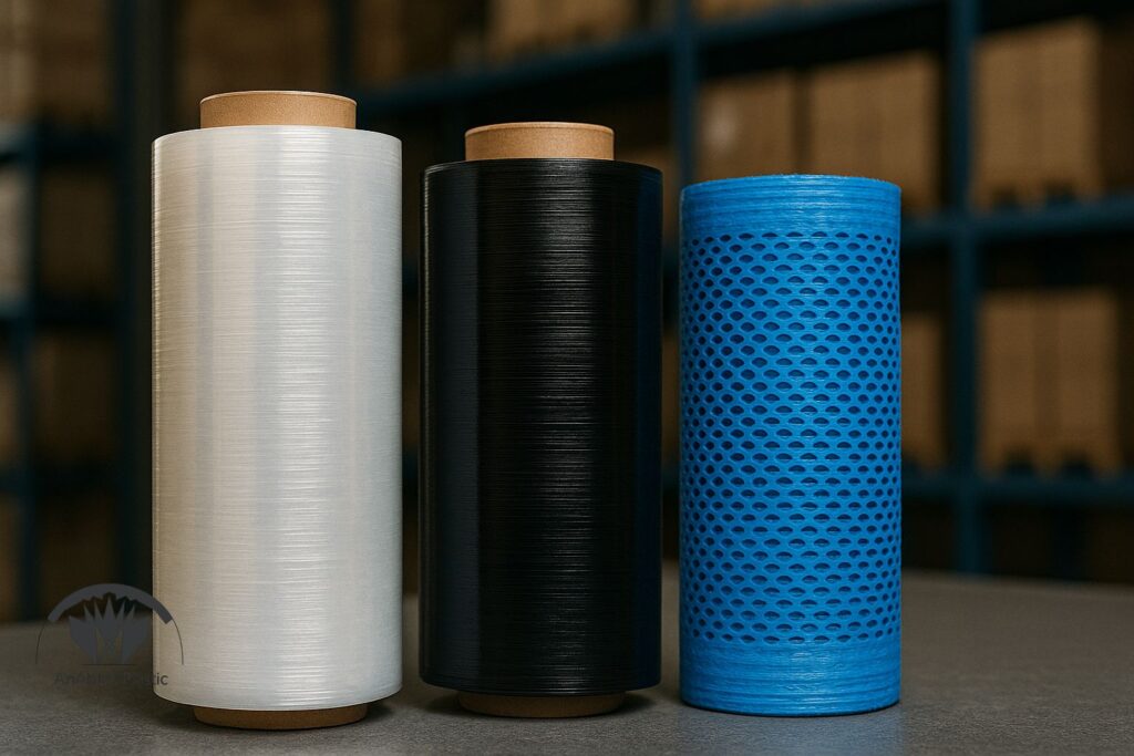 کلوزآپ سه رول ویژه پری استرچ سبک وزن، فیلم رنگی مات، فیلم تنفسی مشبک با سوراخ های منظم، پس زمینه قفسه بندی انبار