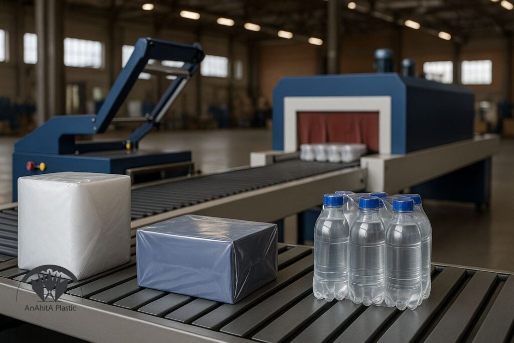 انواع شیرینگ بسته بندی روی خط پلی اتیلن، پی وی سی و پلی الفین در انبار صنعتی ایران گونه