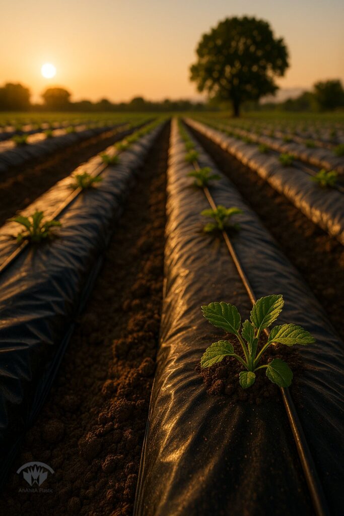 برش مقطعی از بستر کشت با پوشش نایلونی مزرعه و مسیر حرکت آب و رطوبت