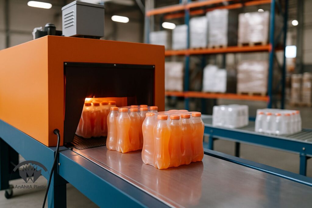 دستگاه شیرینگ پک در انبار صنعتی ایران گونه کنار تونل حرارتی، بسته بندی چندتایی محصولات با فیلم پلی الفین و پی وی سی