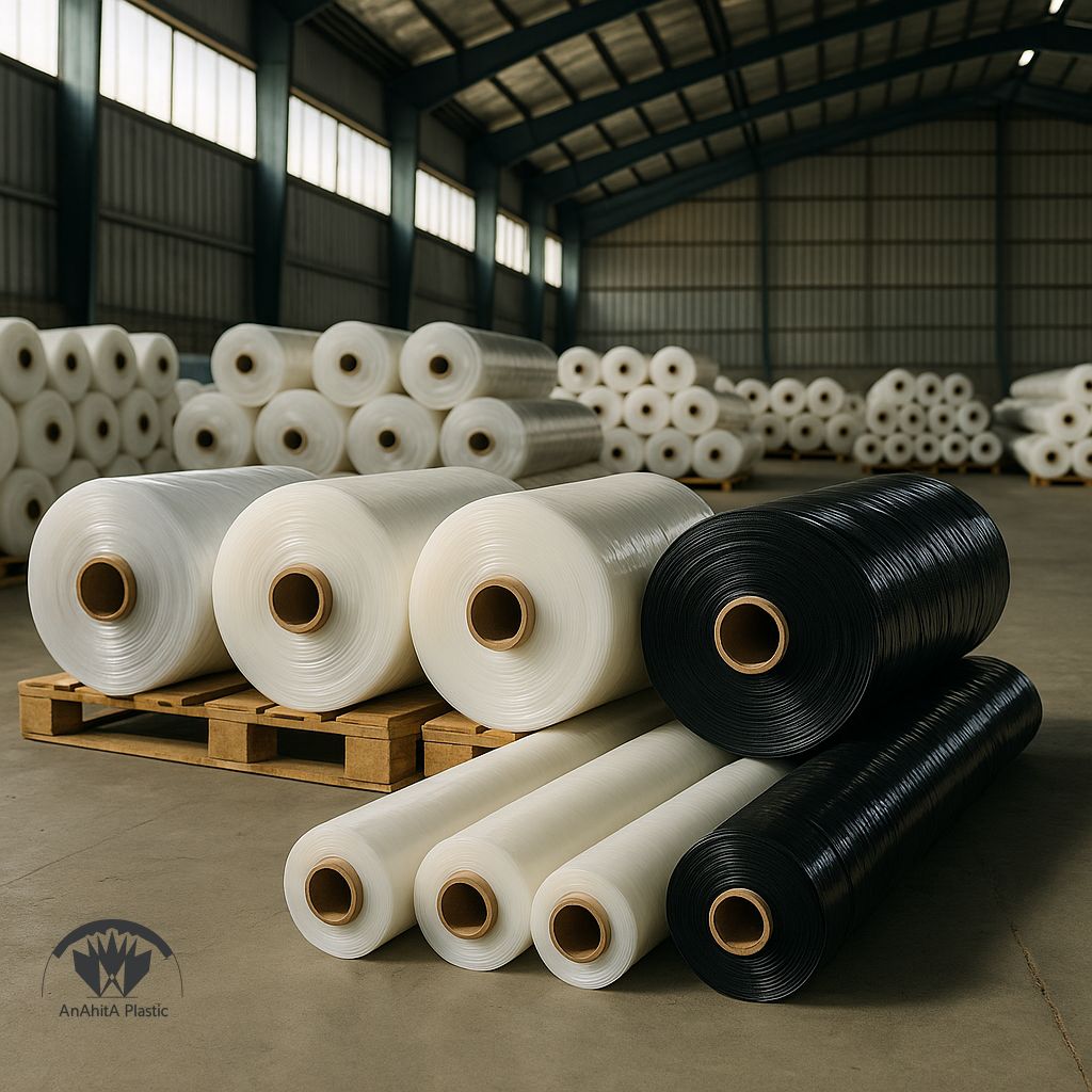 خرید نایلون کشاورزی شفاف، شیری و مشکی در عرض های بزرگ تا 12 متر در انبار صنعتی ایران گونه با نور طبیعی، آماده برش و نصب در مزرعه و گلخانه