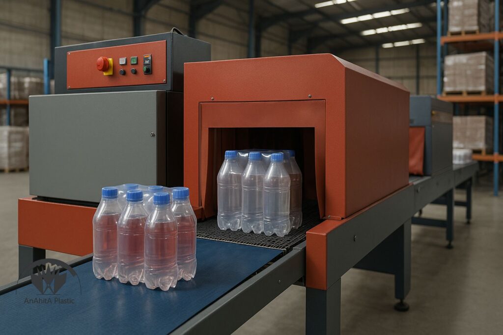 شیرینگ صنعتی در انبار پک چندتایی نوشیدنی در حال خروج از تونل شیرینگ