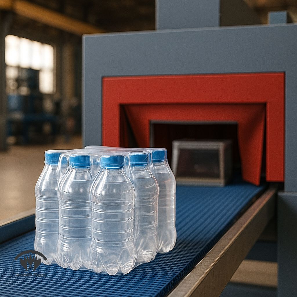 شیرینگ مواد غذایی به صورت باند ایمنی دور درپوش شیشه سس در خط بسته بندی