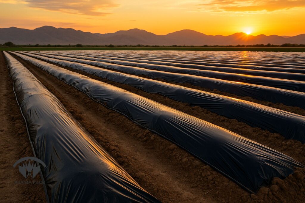 لو تانل شفاف روی ردیف ها همراه با پوشش نایلونی مزرعه برای حفظ رطوبت و دما