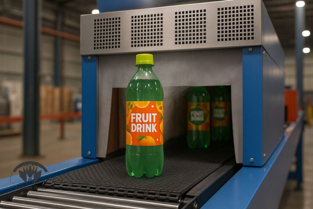 لیبل شیرینگ حرارتی دور بطری نوشیدنی با پلمب دهانه و گردن بطری در تونل بخار روی خط بسته بندی ایران گونه با تاکید روی برندینگ 360 درجه