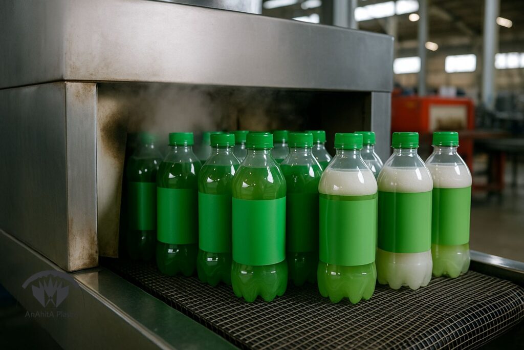 لیبل شیرینگ حرارتی روی بطری با پلمب دهانه و چاپ 360 درجه