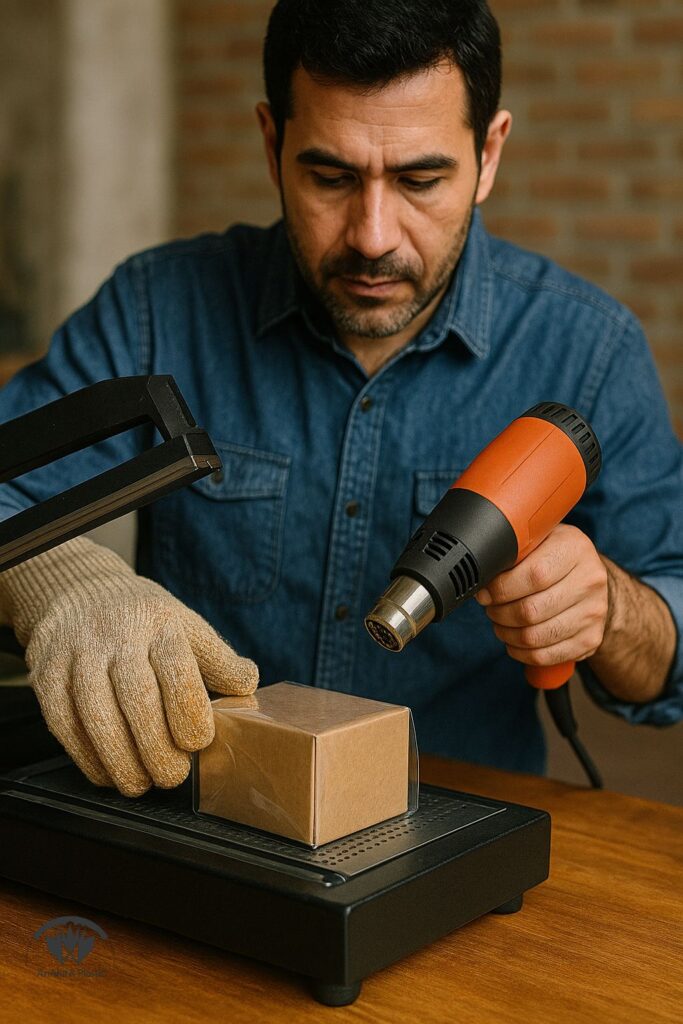 مراحل کار با شیرینگ پک دستی برش، دوخت، حرارت یکنواخت با سشوار صنعتی روی میز کار