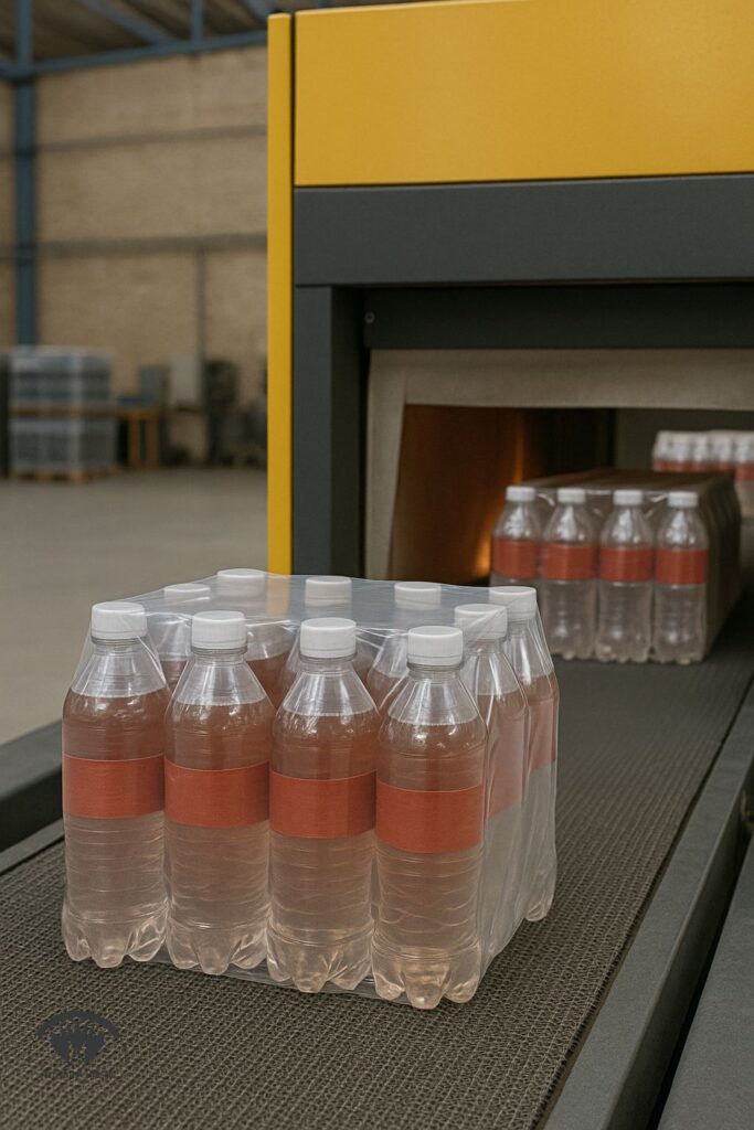 نایلون شیرینگ روی بسته های نوشیدنی در تونل حرارتی انبار صنعتی ایران گونه