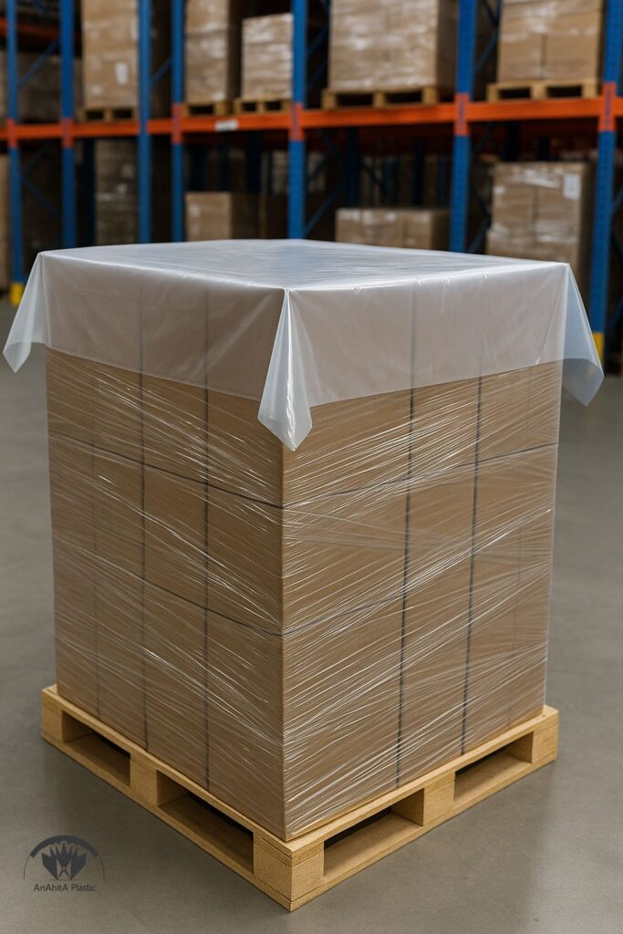 نایلون عریض صنعتی به عنوان تاپ شیت روی پالت به همراه فیکس با فیلم استرچ