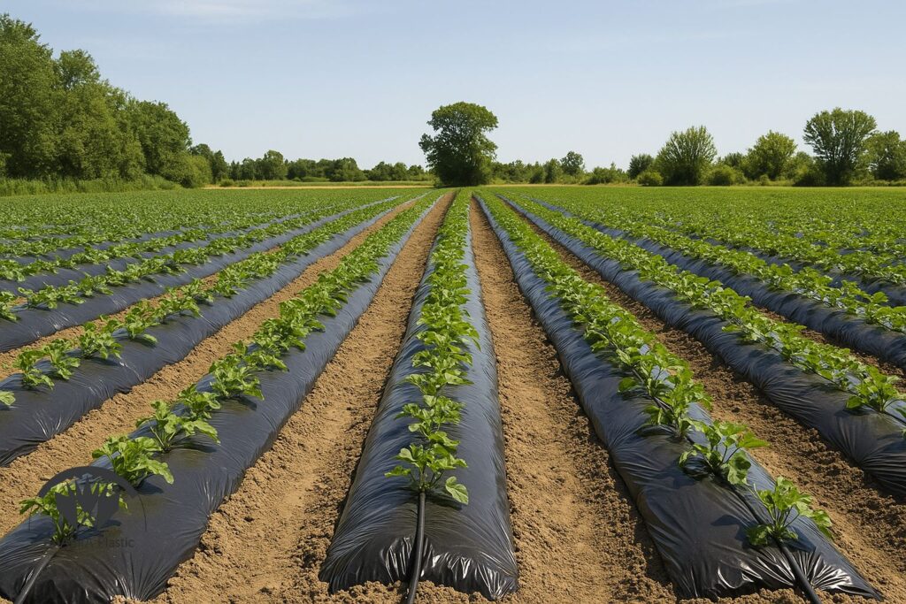 نایلون مالچ سیاه روی ردیف های کشت برای کنترل علف هرز و نگه داشتن رطوبت