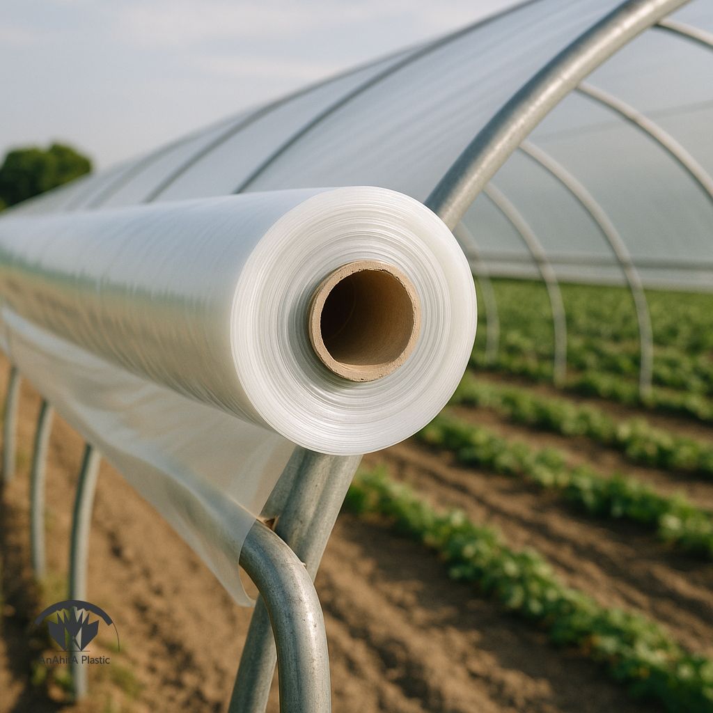 نایلون کشاورزی UV دار روی سازه گلخانه در مزرعه ایران گونه با نور طبیعی و شفافیت بالا
