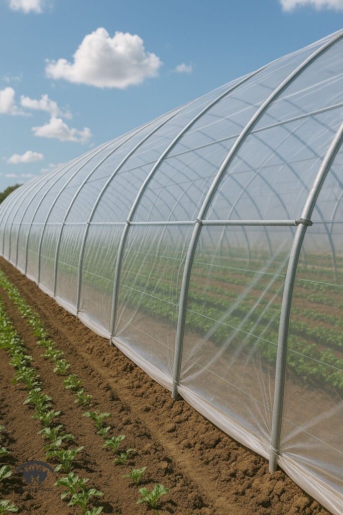 نایلون کشاورزی شفاف روی سازه گلخانه در مزرعه ایران گونه با نور طبیعی