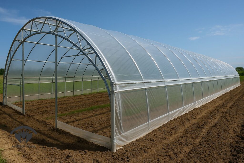 نایلون گلخانه روی سقف قوسی و دیواره جانبی با مهار زیگزاگ در مزرعه ایران گونه