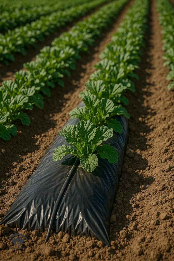 نصب نایلون مالچ با لوله آبیاری قطره ای زیر فیلم و مهار لبه ها با خاک