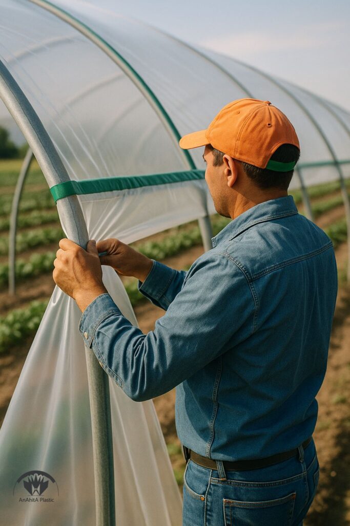 نصب نایلون کشاورزی UV دار روی سازه؛ جلوگیری از تماس با فلز و تنظیم کشش یکنواخت