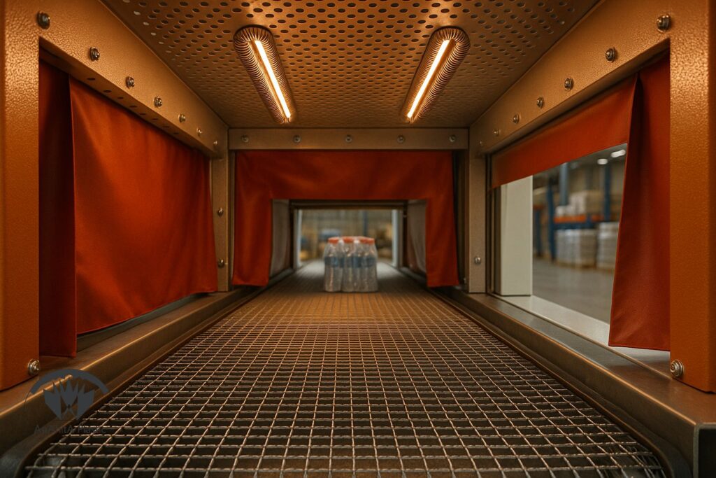 نمای داخل تونل شیرینگ پک تونلی با جریان هوای گردشی و المنت