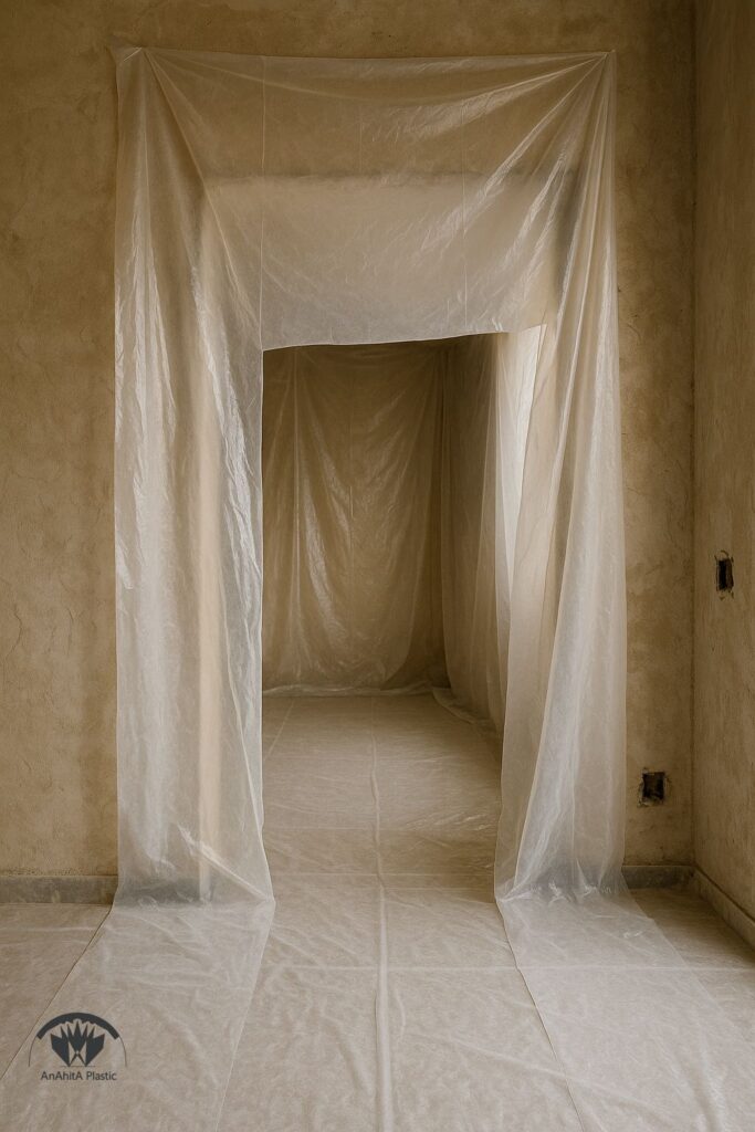 پرده نایلون عریض ساختمانی به عنوان سد گرد و غبار در بازسازی داخلی