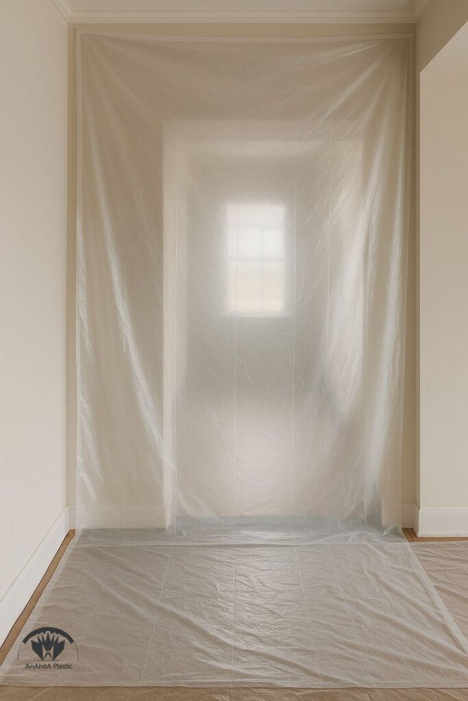 پرده نایلون عریض صنعتی به عنوان سد گرد و غبار در بازسازی داخلی