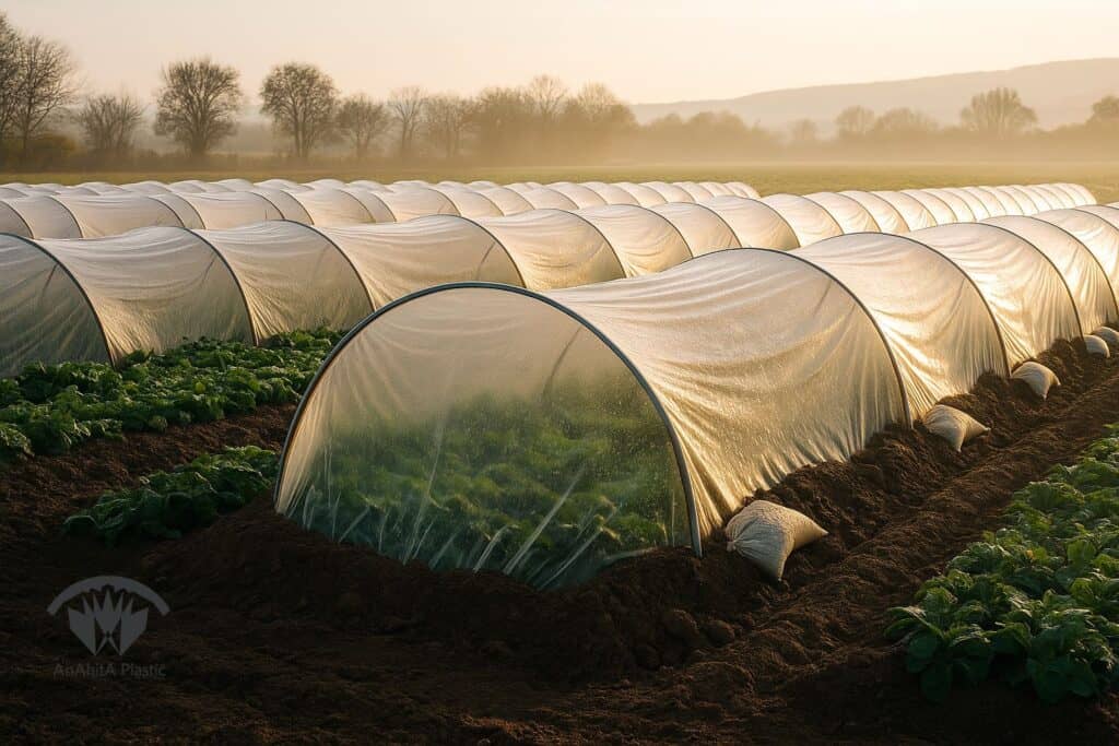 پلاستیک تونلی روی ردیف های سبزی برای کشت زودرس در مزرعه ایران گونه