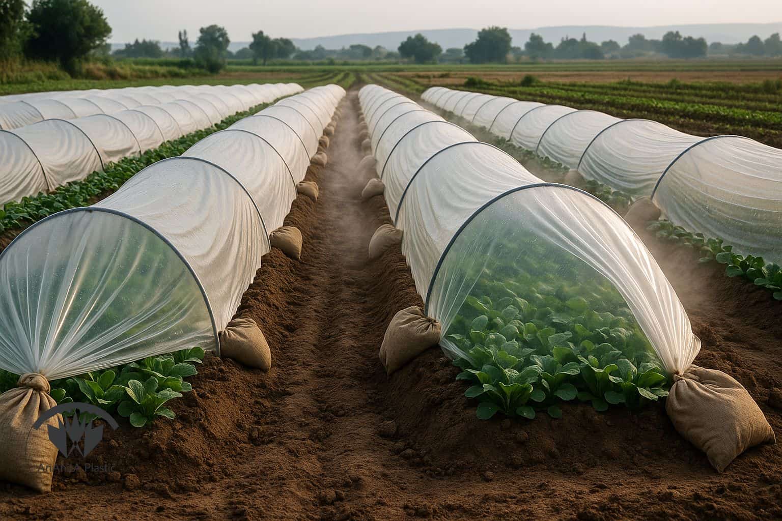 پلاستیک تونلی روی ردیف های سبزی و صیفی در مزرعه ایران گونه، هوپ های منظم، مهار لبه ها با خاک و کیسه شن، بخار ملایم زیر پوشش برای کشت زودرس