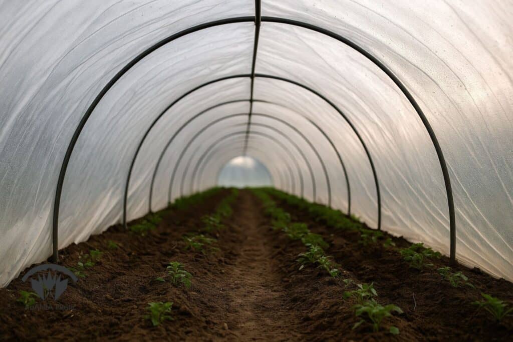 پلاستیک تونلی همراه با مالچ سیاه و آبیاری قطره ای برای رشد سریع و کنترل علف هرز