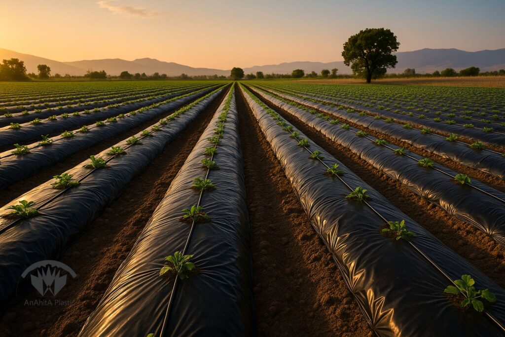 پوشش نایلونی مزرعه با آبیاری قطره ای روی بستر های کشت برای کاهش تبخیر سطحی