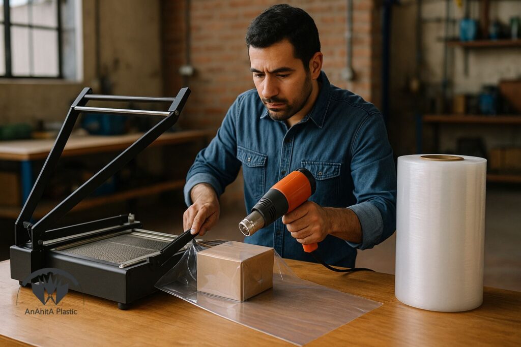 کار با شیرینگ پک دستی روی میز کارگاه کوچک ایران گونه، بسته بندی جعبه های کوچک با نایلون شیرینگ و سشوار صنعتی